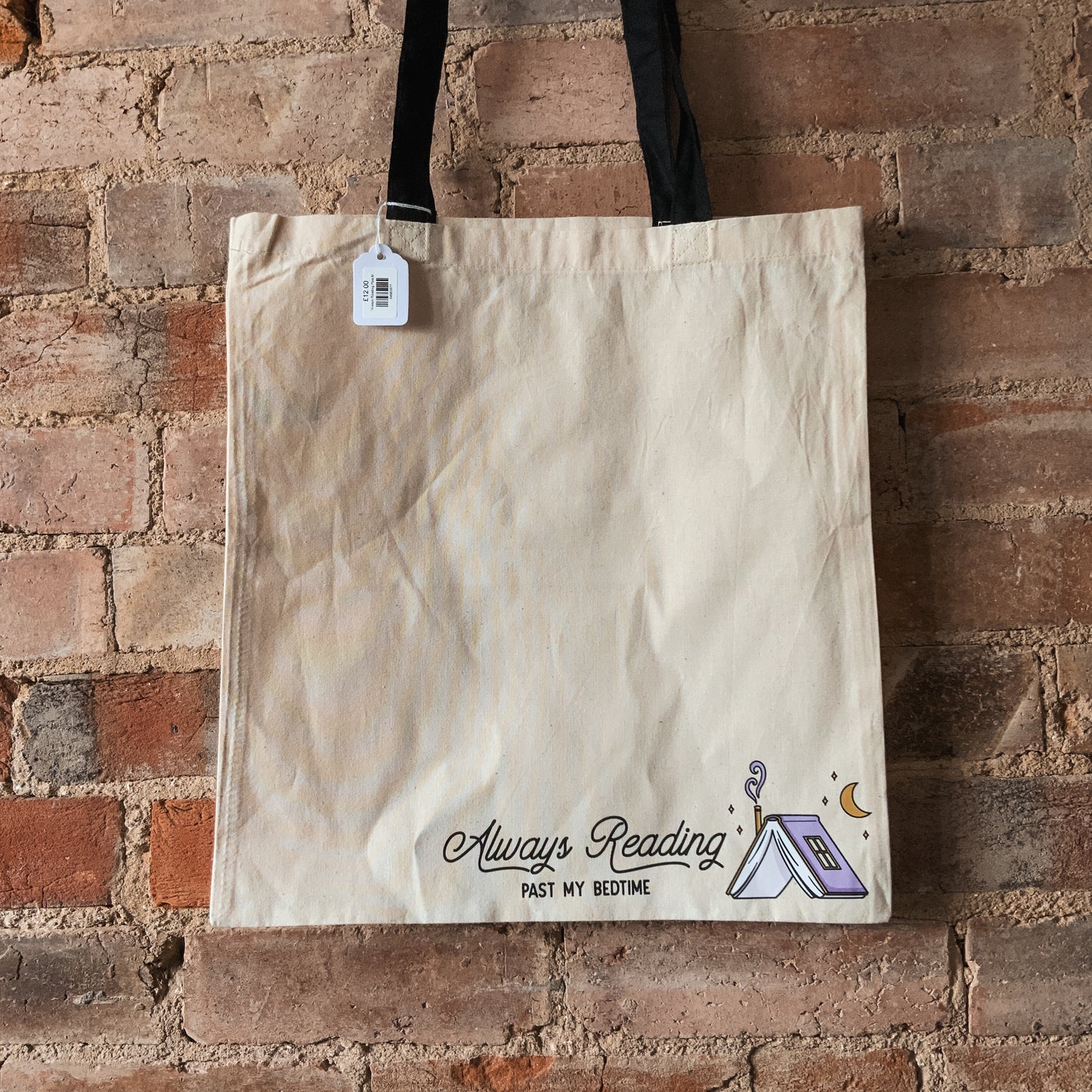 "Always Reading Past My Bedtime" Corner Book Natural Fabric Tote Bag with Black Handles