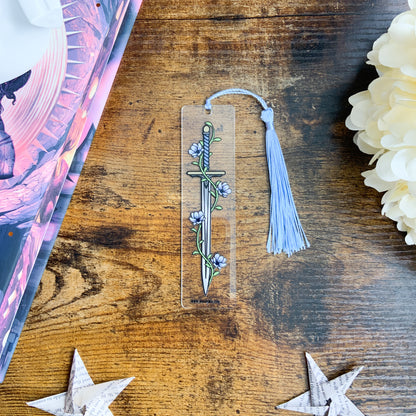 Blue Flower Sword Acrylic Bookmark with Blue Tassel