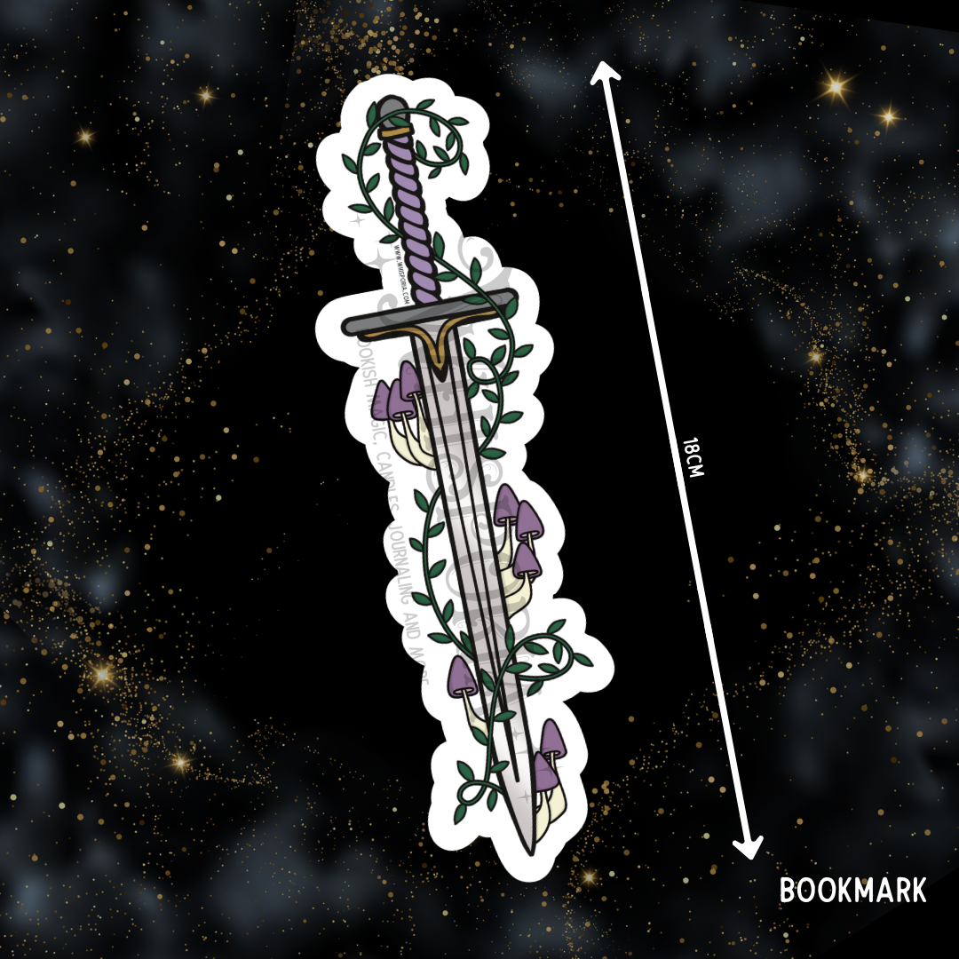 Fantasy Sword Shaped Bookmark - Purple Mushrooms & Vines