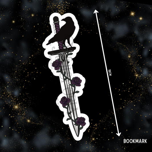 Fantasy Sword Shaped Bookmark - Dark Purple Roses & Crow