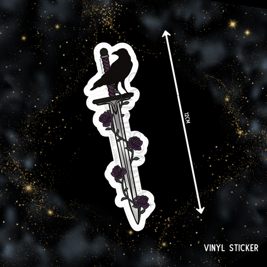 Fantasy Sword Shaped Sticker - Dark Purple Roses & Crow