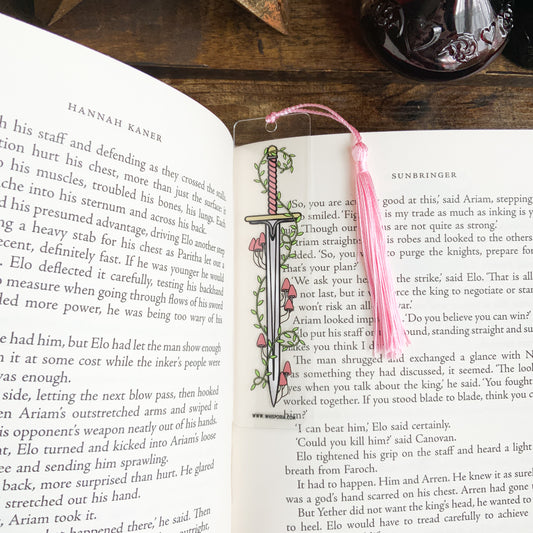 Pink Toadstools and Vines Sword Acrylic Bookmark with Pink Tassel