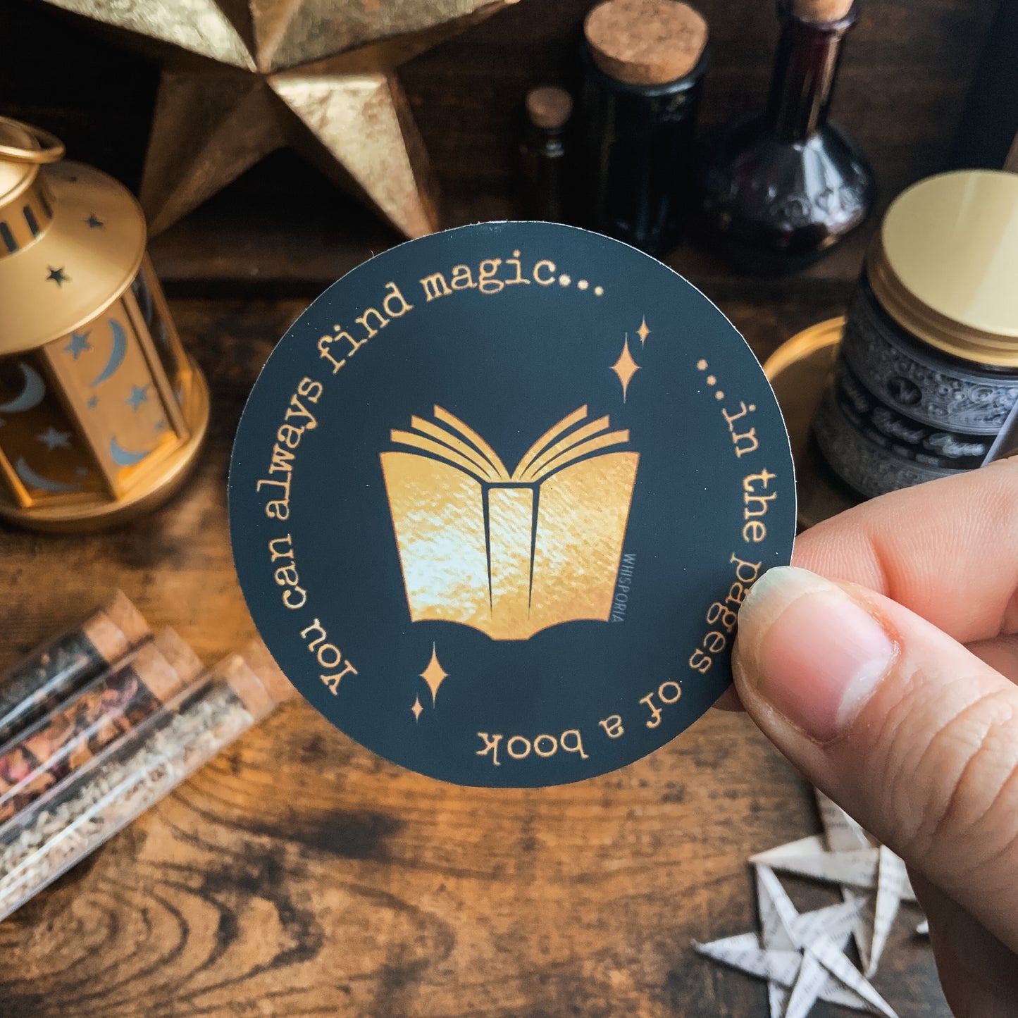 "You can Always Find the Magic in the Pages of a Book" Black and Gold Circle Vinyl Die Cut Sticker