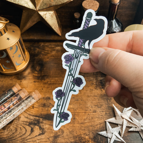 Purple Roses & Crow/Raven Climbing Flowers Fantasy Sword Vinyl Die Cut Sticker