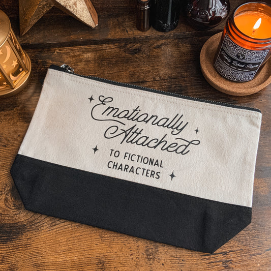 "Emotionally Attached to Fictional Characters" Dipped Black and Natural Fabric Pouch