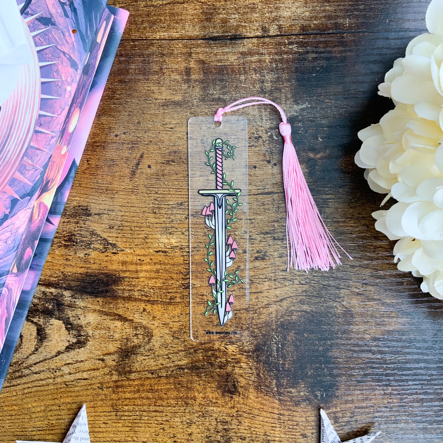 Pink Toadstools and Vines Sword Acrylic Bookmark with Pink Tassel