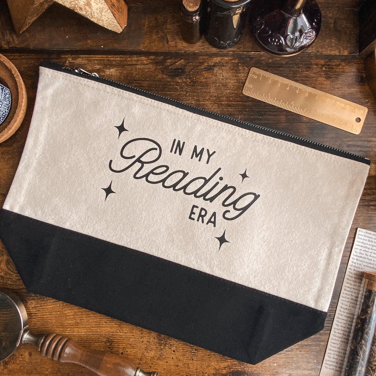 "In My Reading Era" Dipped Black and Natural Fabric Pouch