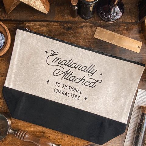 "Emotionally Attached to Fictional Characters" Dipped Black and Natural Fabric Pouch