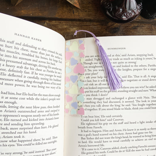 Small Town Romence Pastel Heart Pattern Acrylic Bookmark with Purple Tassel