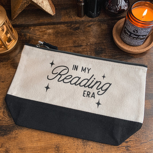 "In My Reading Era" Dipped Black and Natural Fabric Pouch