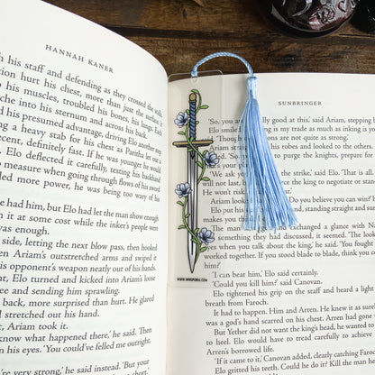 Blue Flower Sword Acrylic Bookmark with Blue Tassel