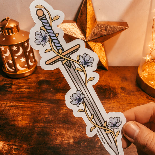 Fantasy Sword Shaped Bookmark - Blue Flowers