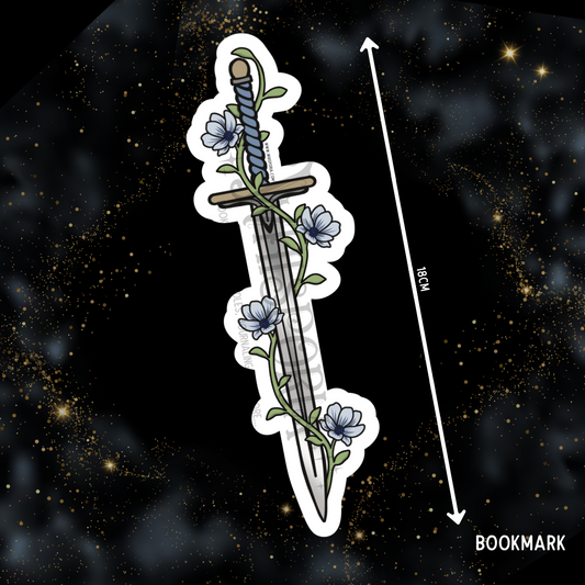 Fantasy Sword Shaped Bookmark - Blue Flowers