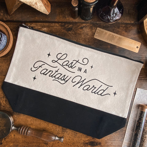"Lost in a Fantasy World" Dipped Black and Natural Fabric Pouch