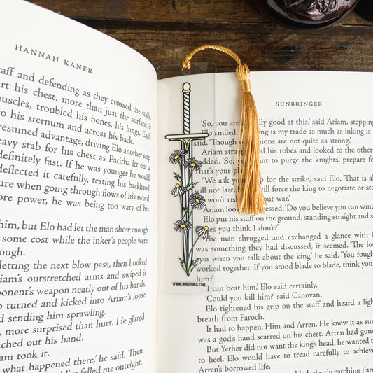 White Daisy Sword Acrylic Bookmark with Gold Tassel