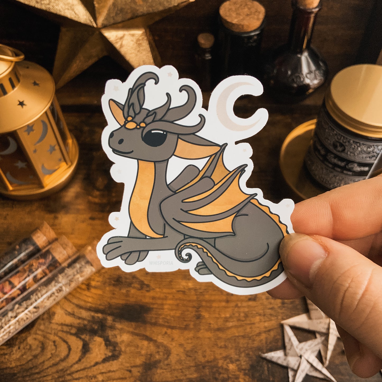 Black and Gold Bookish Moon Dragon Vinyl Die Cut Sticker