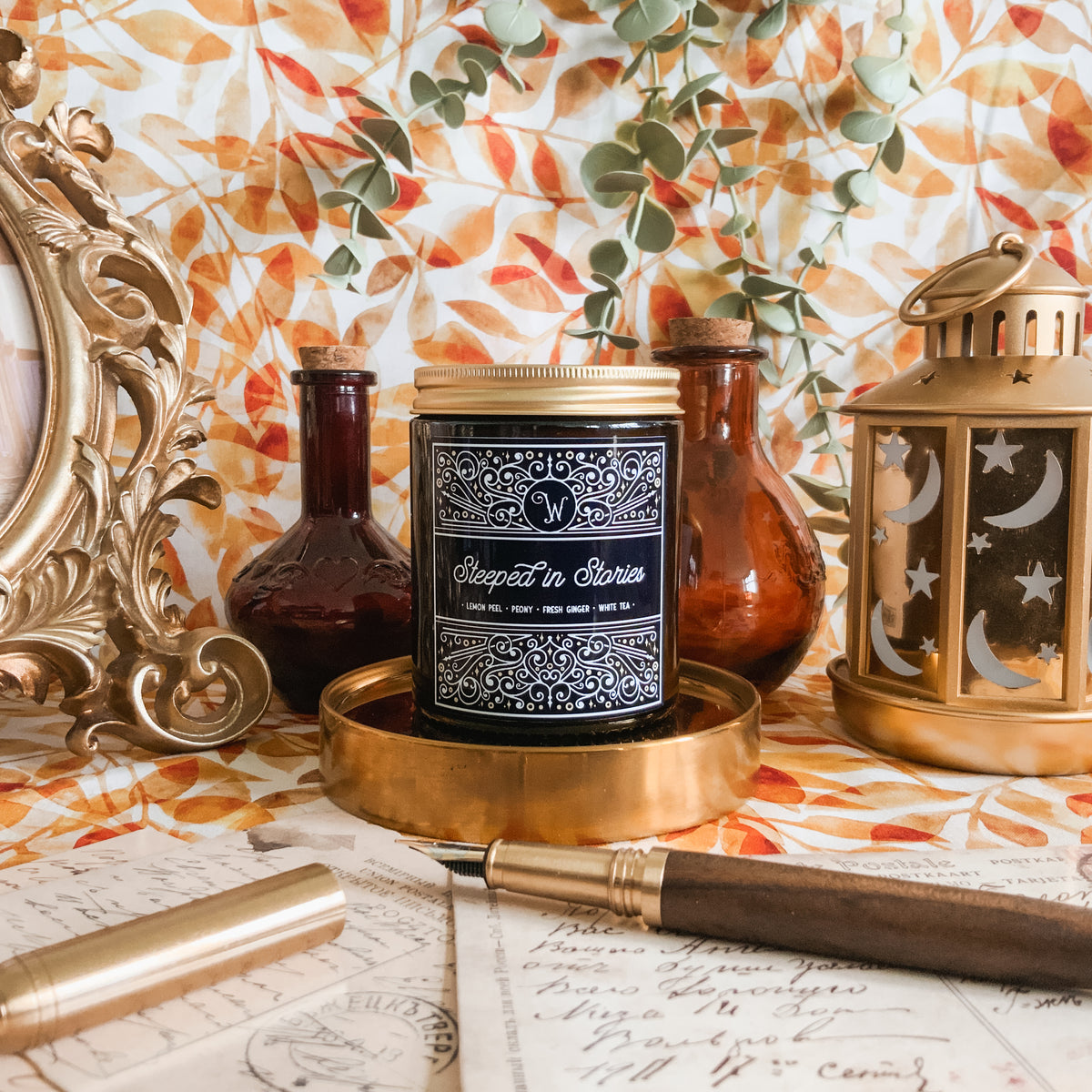 Steeped in Stories – Ginger & White Tea Soy Candle (180ml Amber Glass)