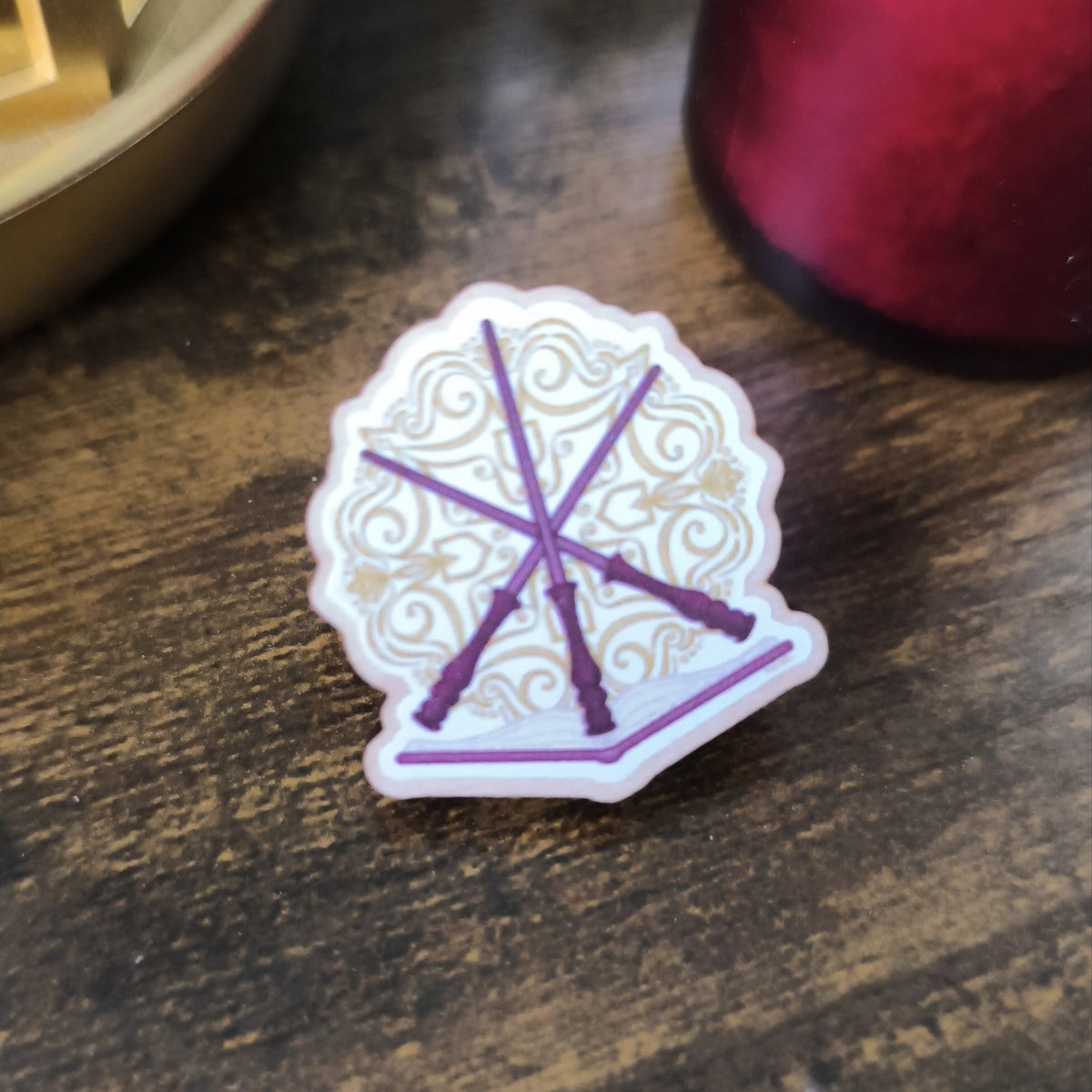 Duelling Wands Wooden Pin Badge