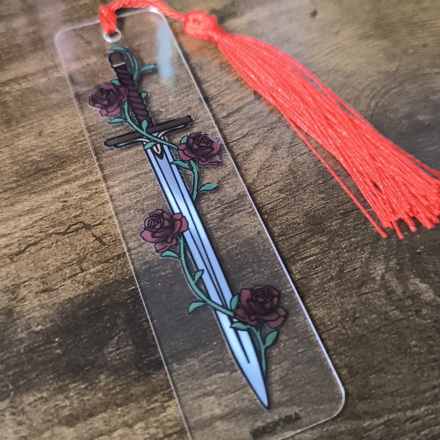 Red Roses Sword Acrylic Bookmark with Dark Red Tassel