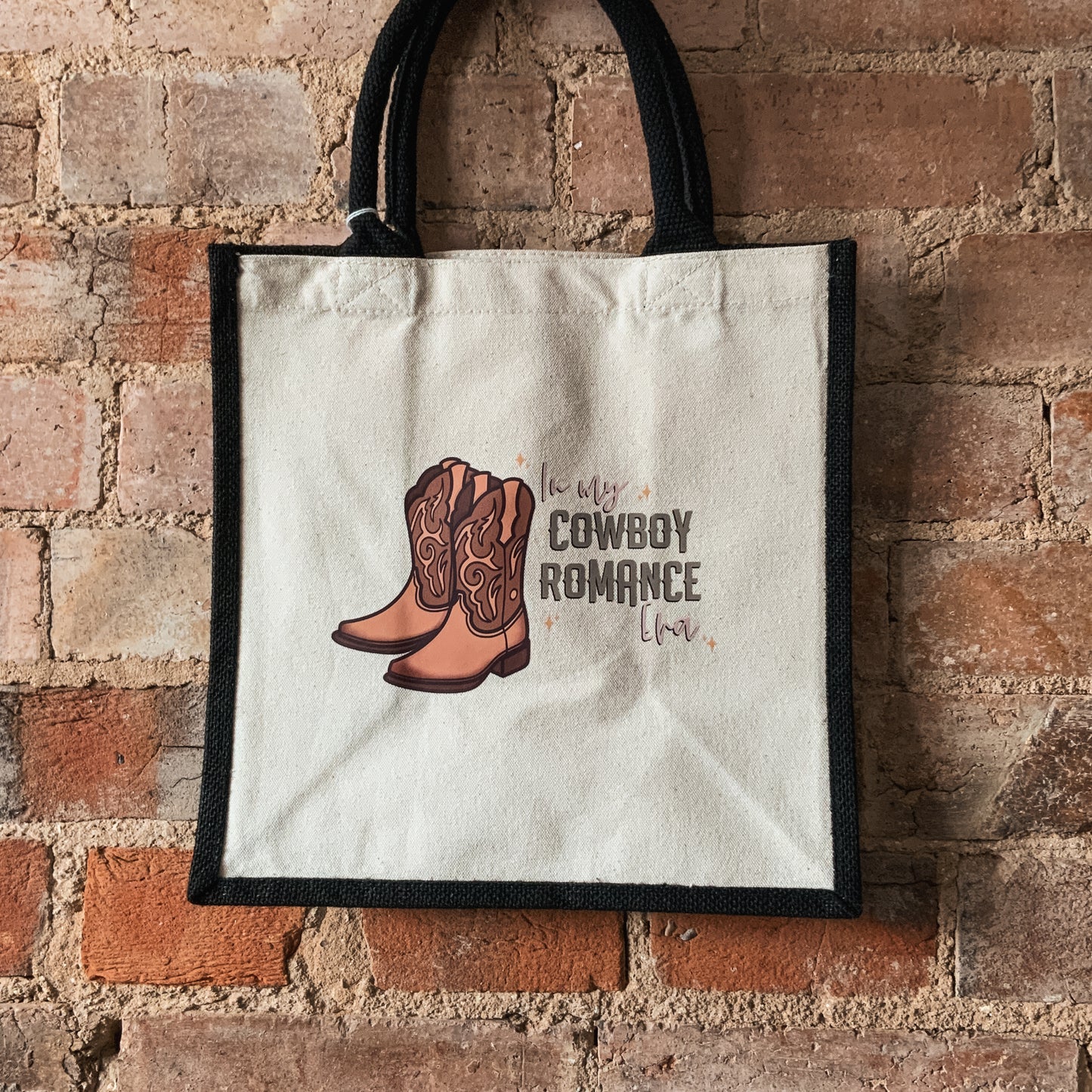 "In My Cowboy Romance Era" Natural Fabric Small Shopper Bag with Black Handles