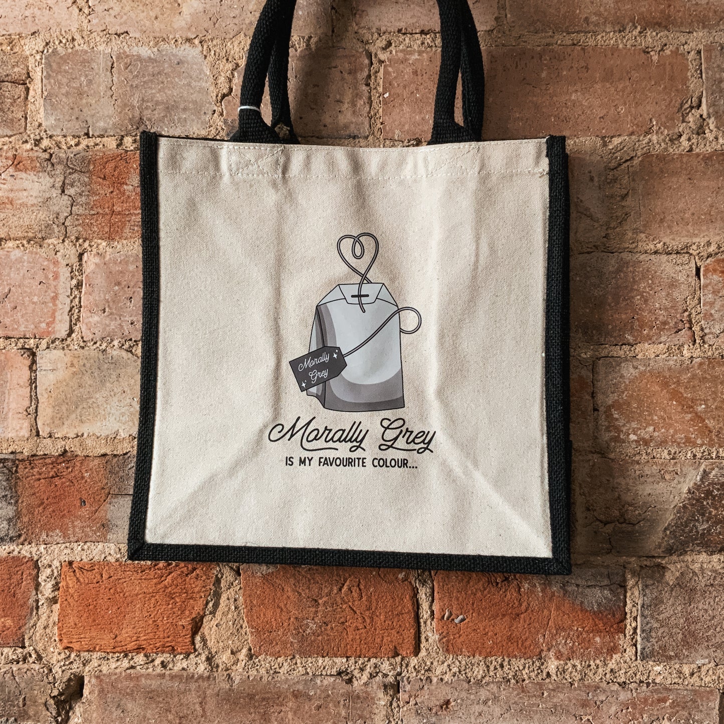 "Morally Grey is My Favourite Colour" Tea Bag Natural Fabric Small Shopper Bag with Black Handles