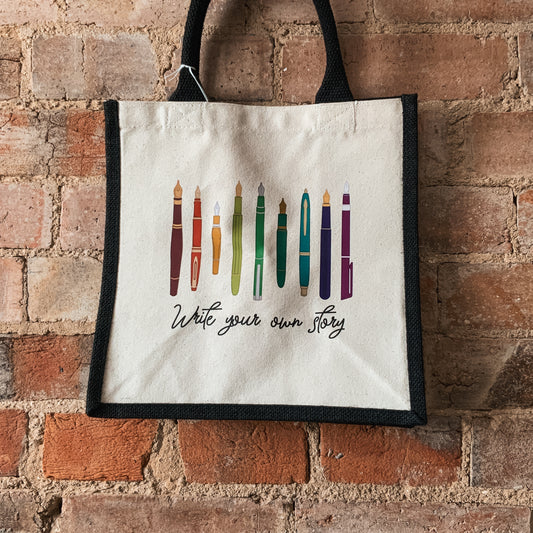 "Write Your Own Story" Writers Fountain Pens Natural Fabric Small Shopper Bag with Black Handles