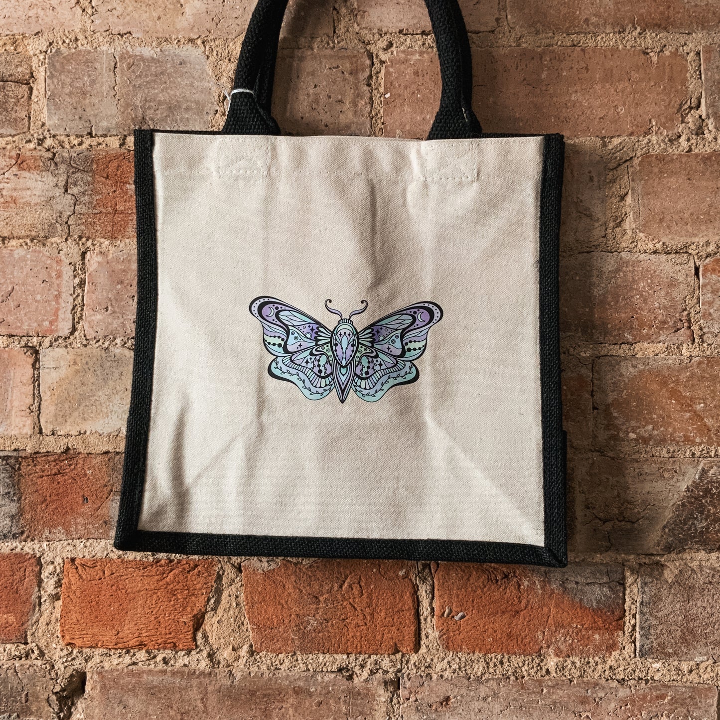 Ornate Purple, Blue, Green Moth Natural Fabric Small Shopper Bag with Black Handles