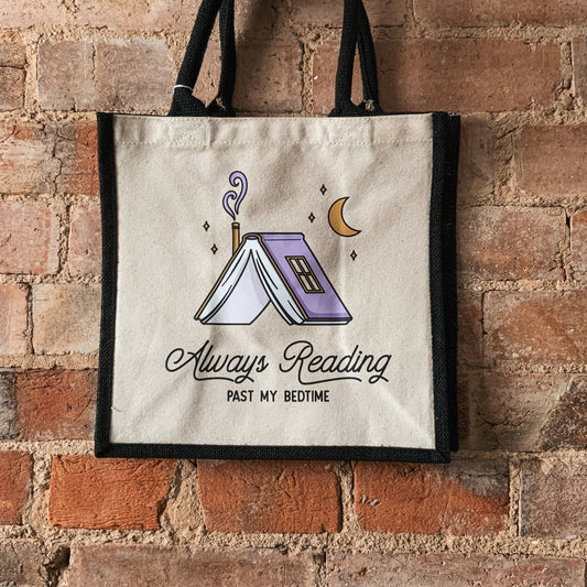 "Always Reading Past My Bedtime" Book Natural Fabric Small Shopper Bag with Black Handles