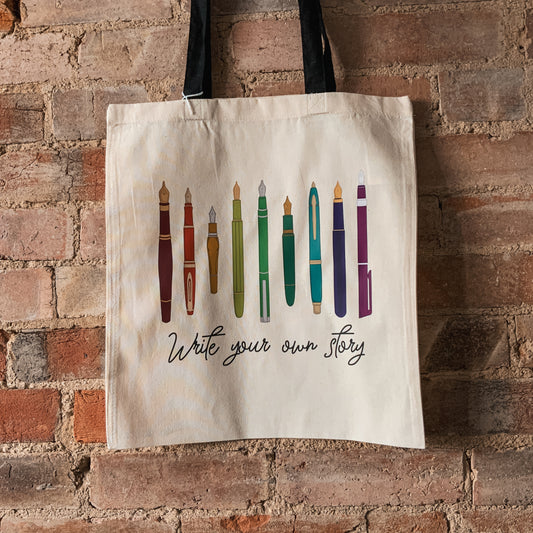 "Write Your Own Story" Writers Fountain Pens Natural Fabric Tote Bag with Black Handles