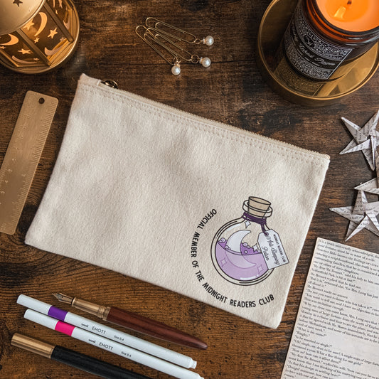 "Official Member of the Midnight Readers Club" Anti-Sleeping Potion Bottle Natural Fabric Pencil Case with Zip