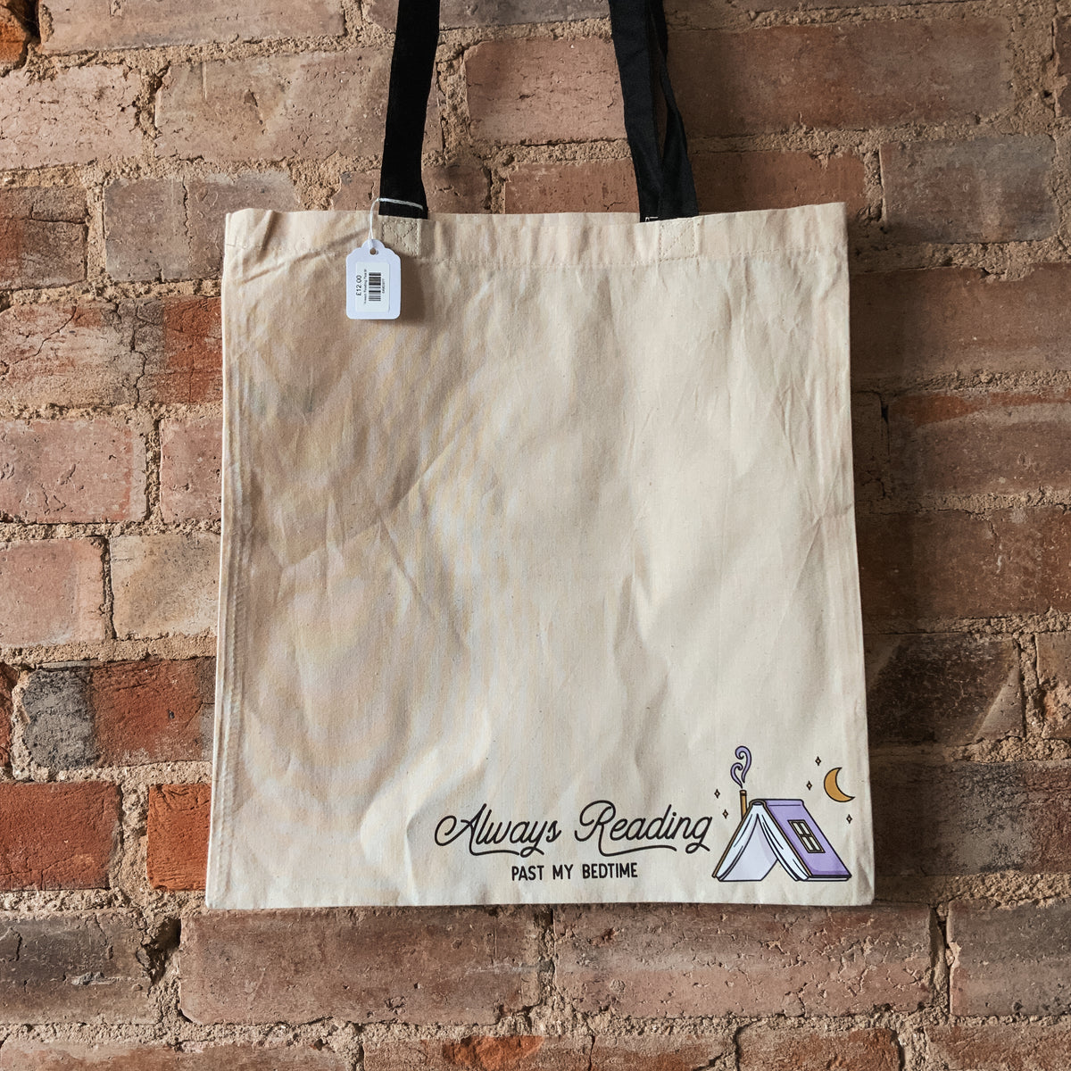 "Always Reading Past My Bedtime" Corner Book Natural Fabric Tote Bag with Black Handles