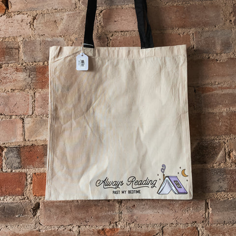 "Always Reading Past My Bedtime" Corner Book Natural Fabric Tote Bag with Black Handles