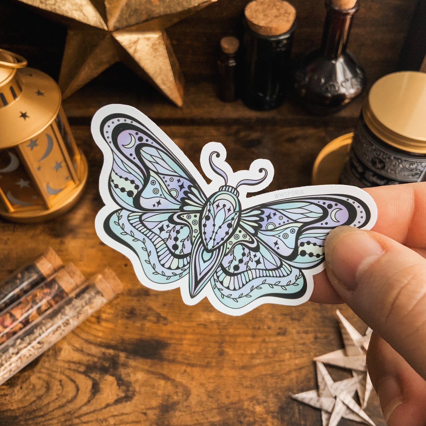 Ornate Purple, Blue, Green Moth Vinyl Die Cut Sticker