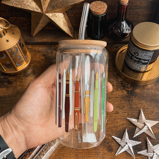 Rainbow Fountain Pens Glass Tumbler with Bamboo Lid and Glass Straw 16oz