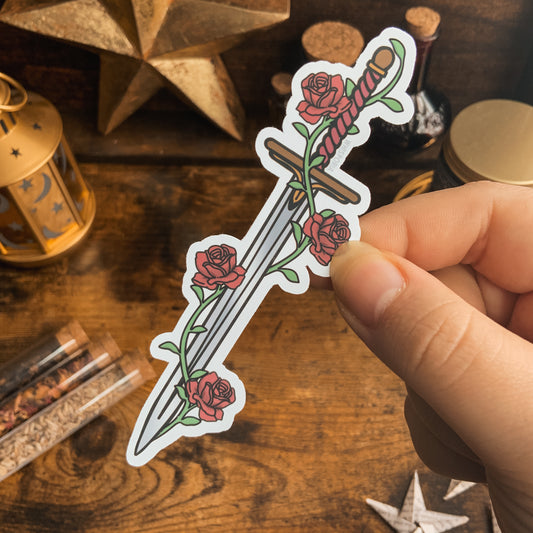 Red Rose Climbing Flowers Fantasy Sword Vinyl Die Cut Sticker