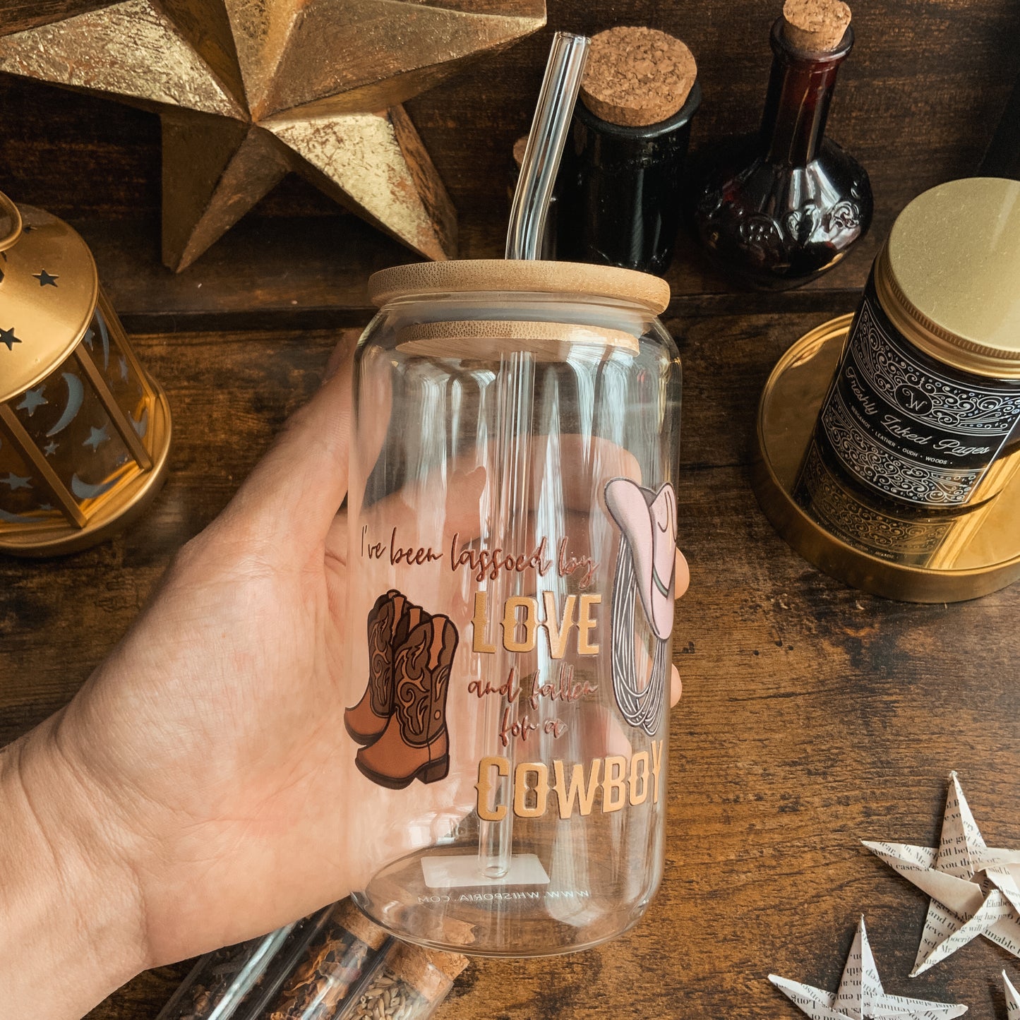 "I've Been Lassoed by Love and Fallen for a Cowboy" Boots, Hat and Lassoo Tumbler with Bamboo Lid and Glass Straw 16oz