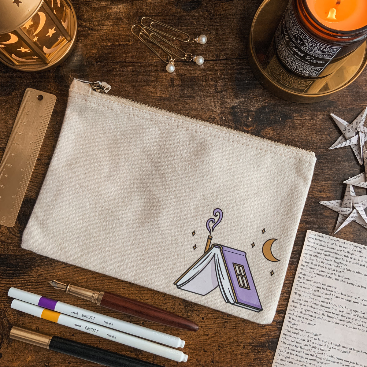 "Always Reading Past My Bedtime" Book Natural Fabric Pencil Case with Zip