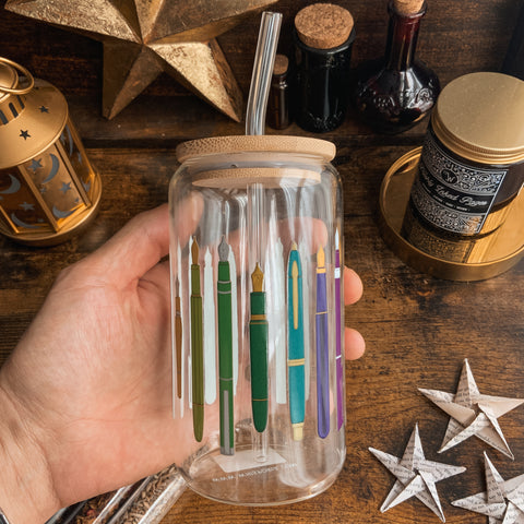 Rainbow Fountain Pens Glass Tumbler with Bamboo Lid and Glass Straw 16oz