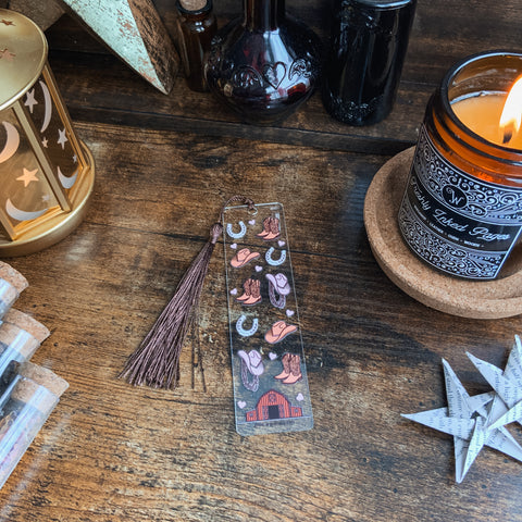 Cowboy Romance Pattern Acrylic Bookmark with Brown Tassel