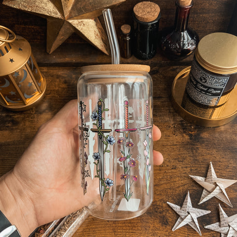 Fantasy Swords and Climbing Flowers Glass Tumbler with Bamboo Lid and Glass Straw 16oz