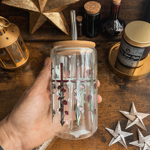 Fantasy Swords and Climbing Flowers Glass Tumbler with Bamboo Lid and Glass Straw 16oz
