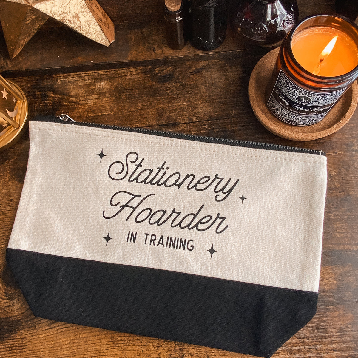 "Stationery Hoarder in Training" Dipped Black and Natural Fabric Pouch