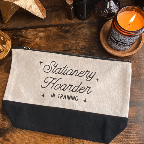 "Stationery Hoarder in Training" Dipped Black and Natural Fabric Pouch