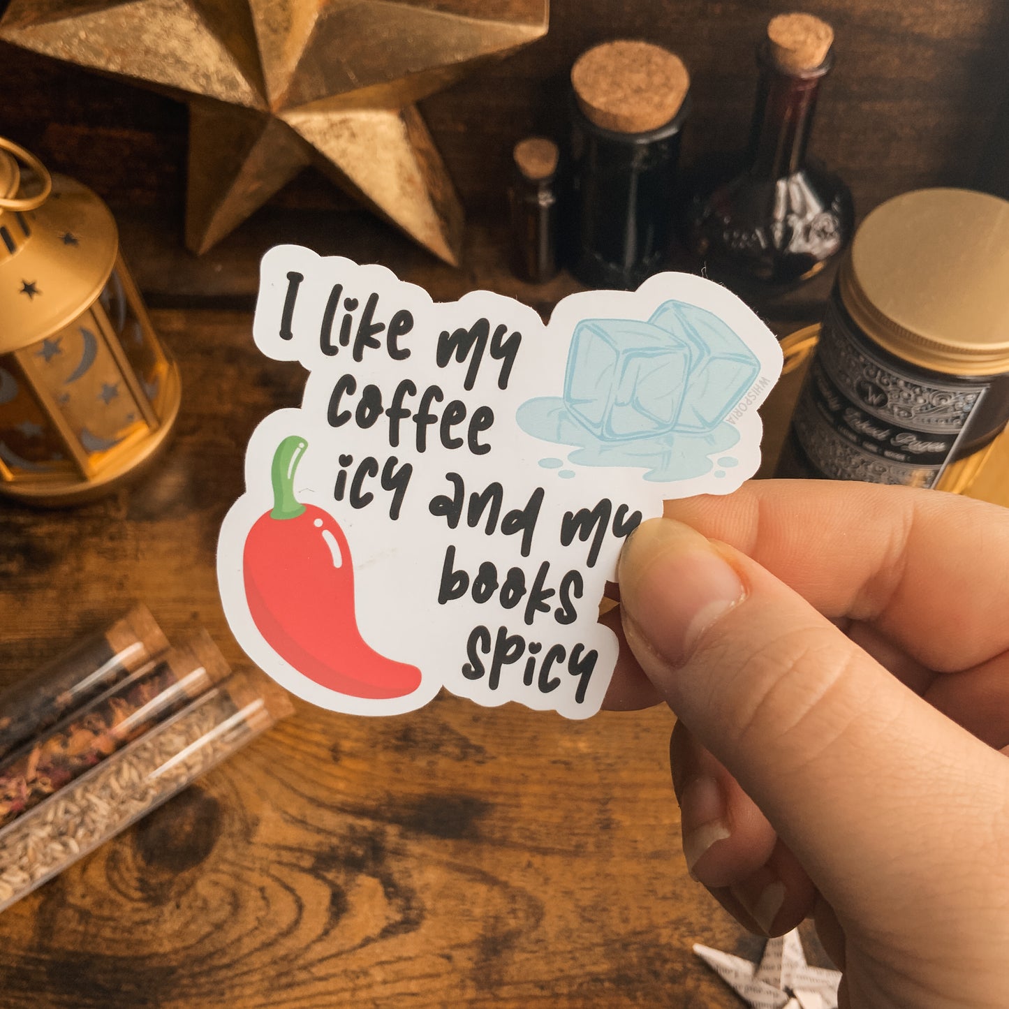 "I like my Coffee Icy and Books Spicy" Chilli Pepper and Ice cubes Vinyl Die Cut Sticker