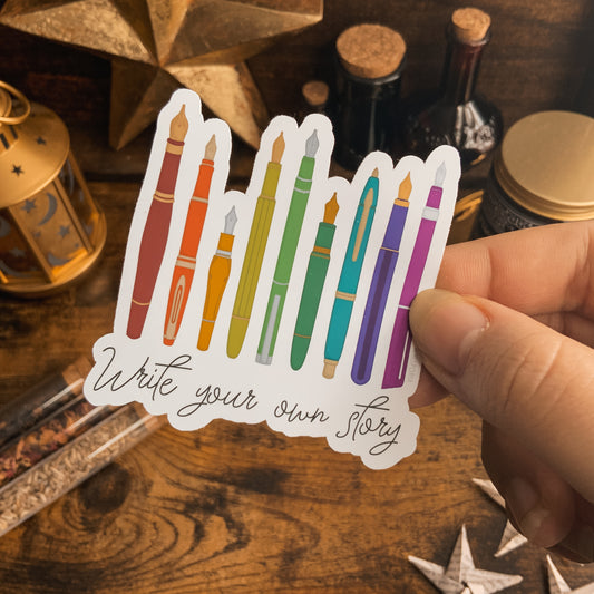 "Write Your Own Story" Bright Rainbow Fountain Pens Vinyl Die Cut Sticker