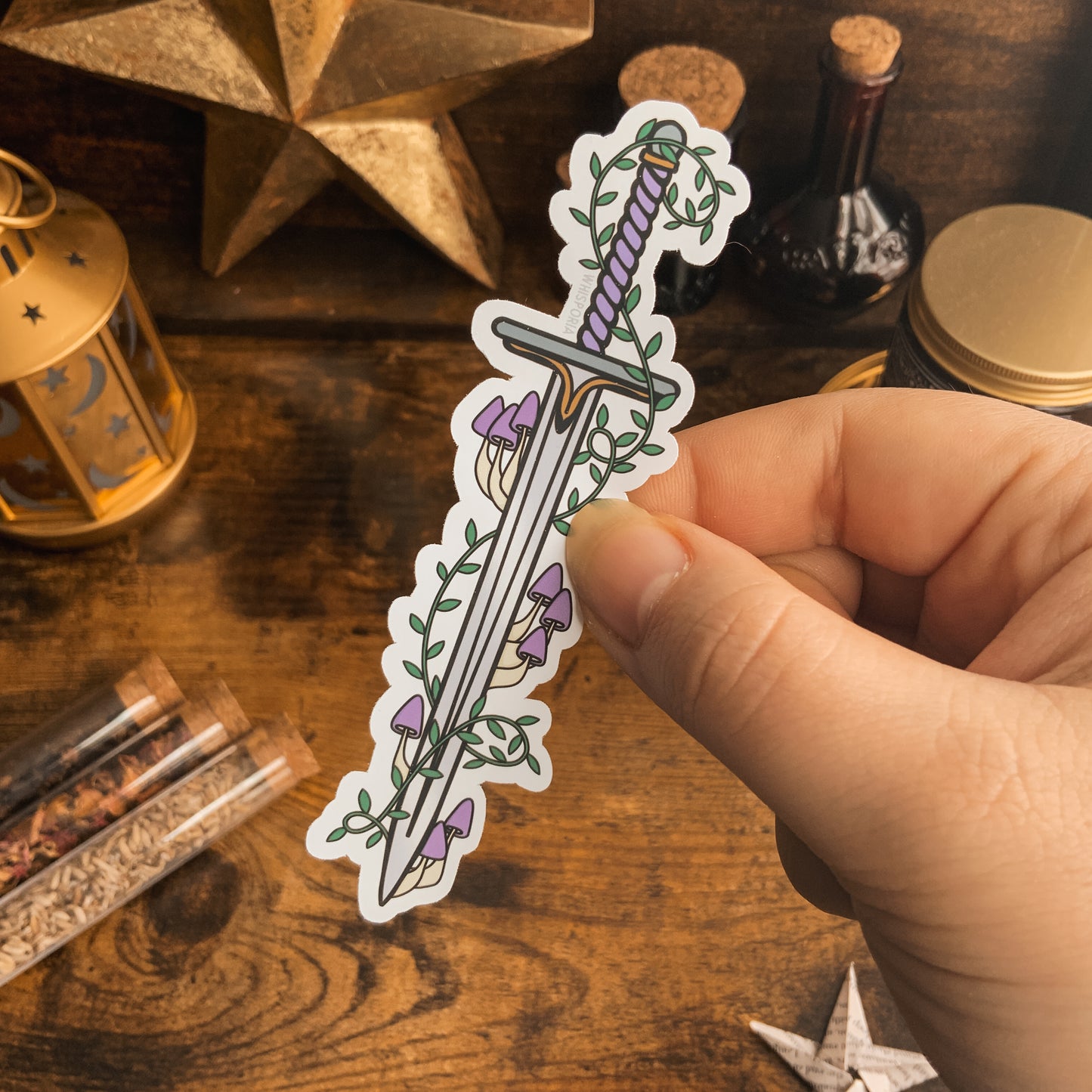 Purple Mushroom Climbing Flowers Fantasy Sword Vinyl Die Cut Sticker