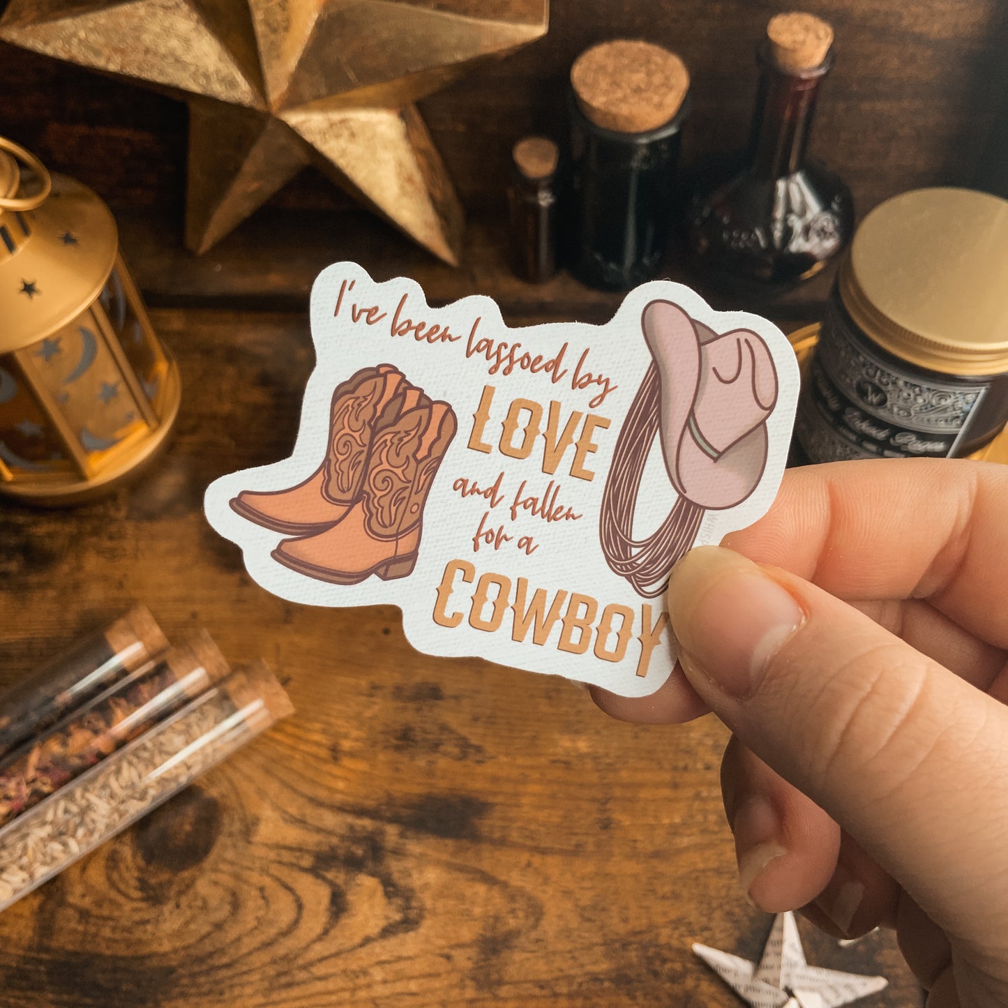 "I've been Lassoed by Love and Fallen for a Cowboy" Boots and Hat Vinyl Die Cut Sticker