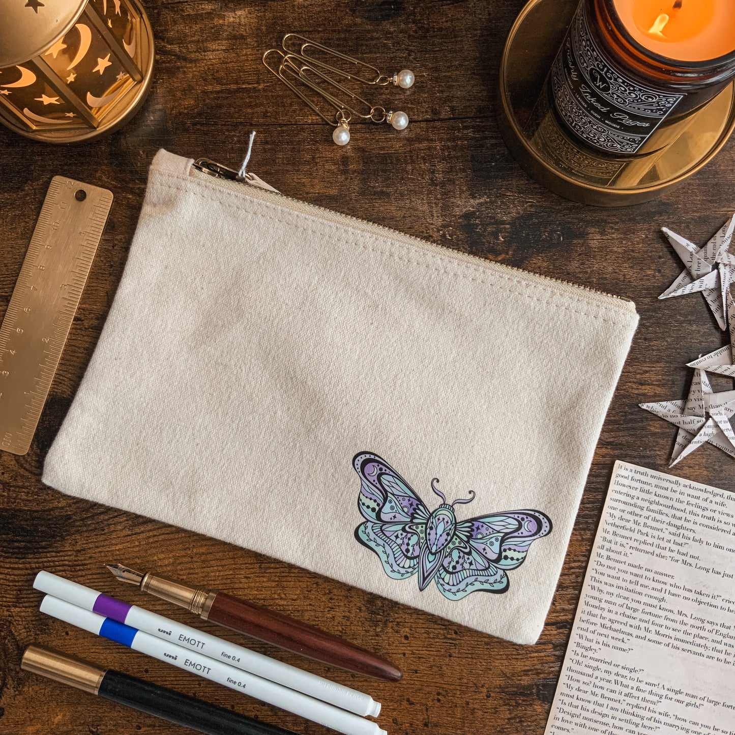 Ornate Purple, Blue, Green Moth Natural Fabric Pencil Case with Zip