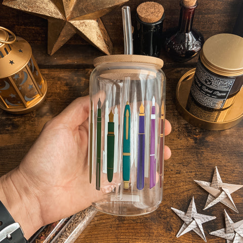 Rainbow Fountain Pens Glass Tumbler with Bamboo Lid and Glass Straw 16oz