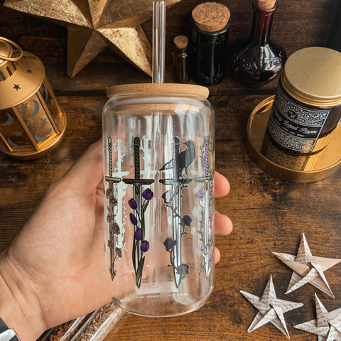 Fantasy Swords and Climbing Flowers Glass Tumbler with Bamboo Lid and Glass Straw 16oz